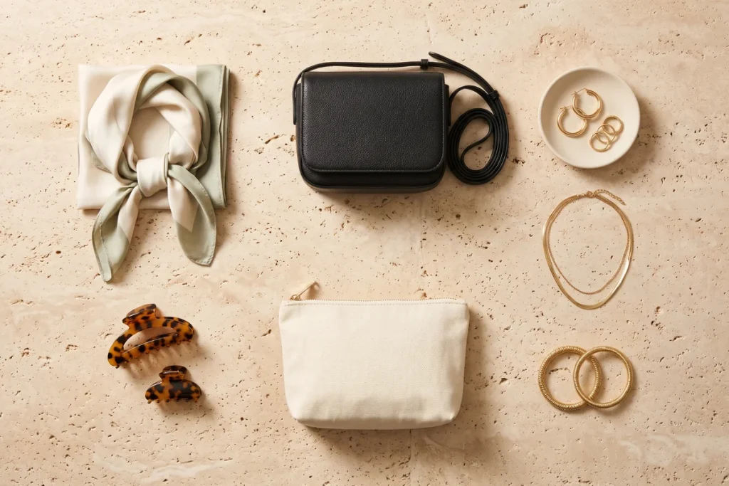 An overhead view of a silk scarf, black crossbody bag, gold hoops and rings, a layered gold necklace, gold bangles, tortoiseshell claw clips and a canvas pouch on travertine
