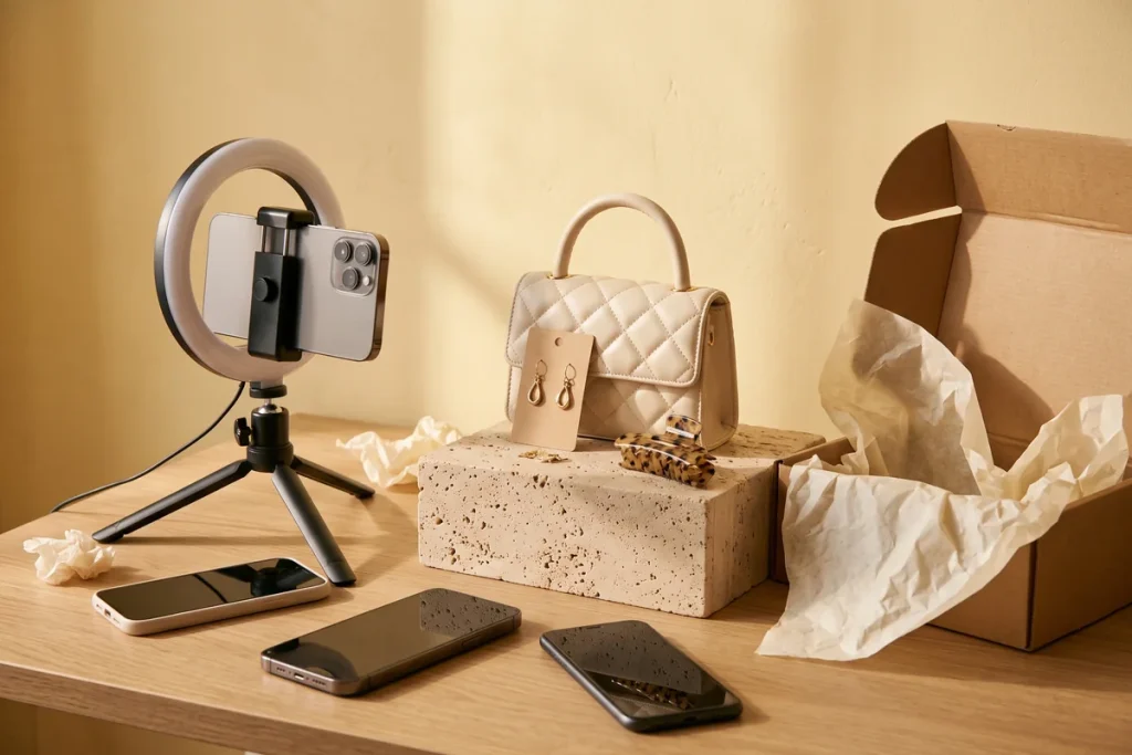 A smartphone on a ring-light stand facing a quilted cream mini handbag, gold drop earrings and a tortoiseshell claw clip beside an open unboxing box, with two more phones lying nearby