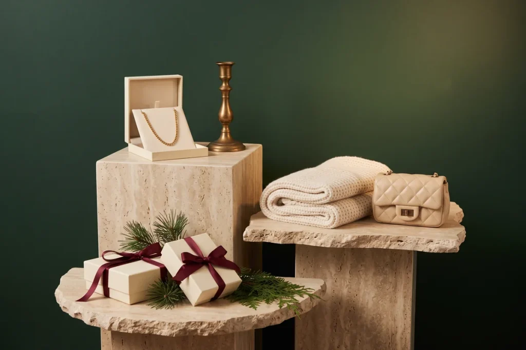 A holiday display on three stepped travertine plinths with a gold necklace in an open box and a brass candlestick, a knit scarf and quilted mini handbag, and gift boxes tied with burgundy ribbon against a forest-green wall