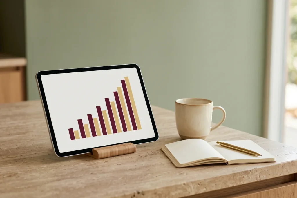 A tablet on a wooden stand showing a rising burgundy and gold bar chart, beside a cream mug and an open notebook on a stone countertop