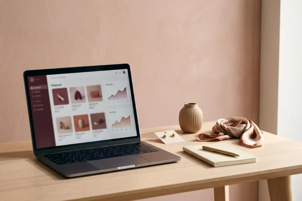 An open laptop showing product thumbnails and rising burgundy line graphs on an oak desk, beside gold stud earrings on a card, a ribbed ceramic vase, a folded silk scarf and a notebook