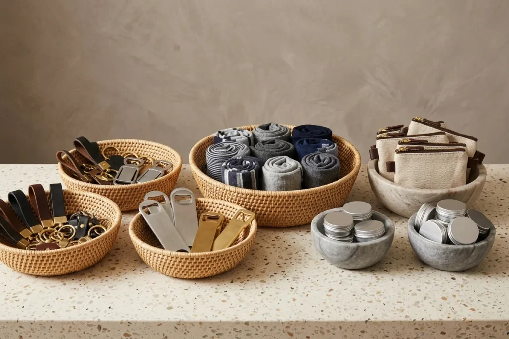 Woven baskets and stone bowls on a terrazzo counter holding leather keychains, steel and brass bottle openers, rolled socks, canvas zip pouches and blank tins, against a mushroom-grey wall