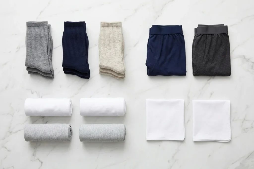 Overhead view of folded grey, navy and oatmeal crew socks, navy and charcoal boxer briefs, rolled white and grey undershirts and two white handkerchiefs on white marble