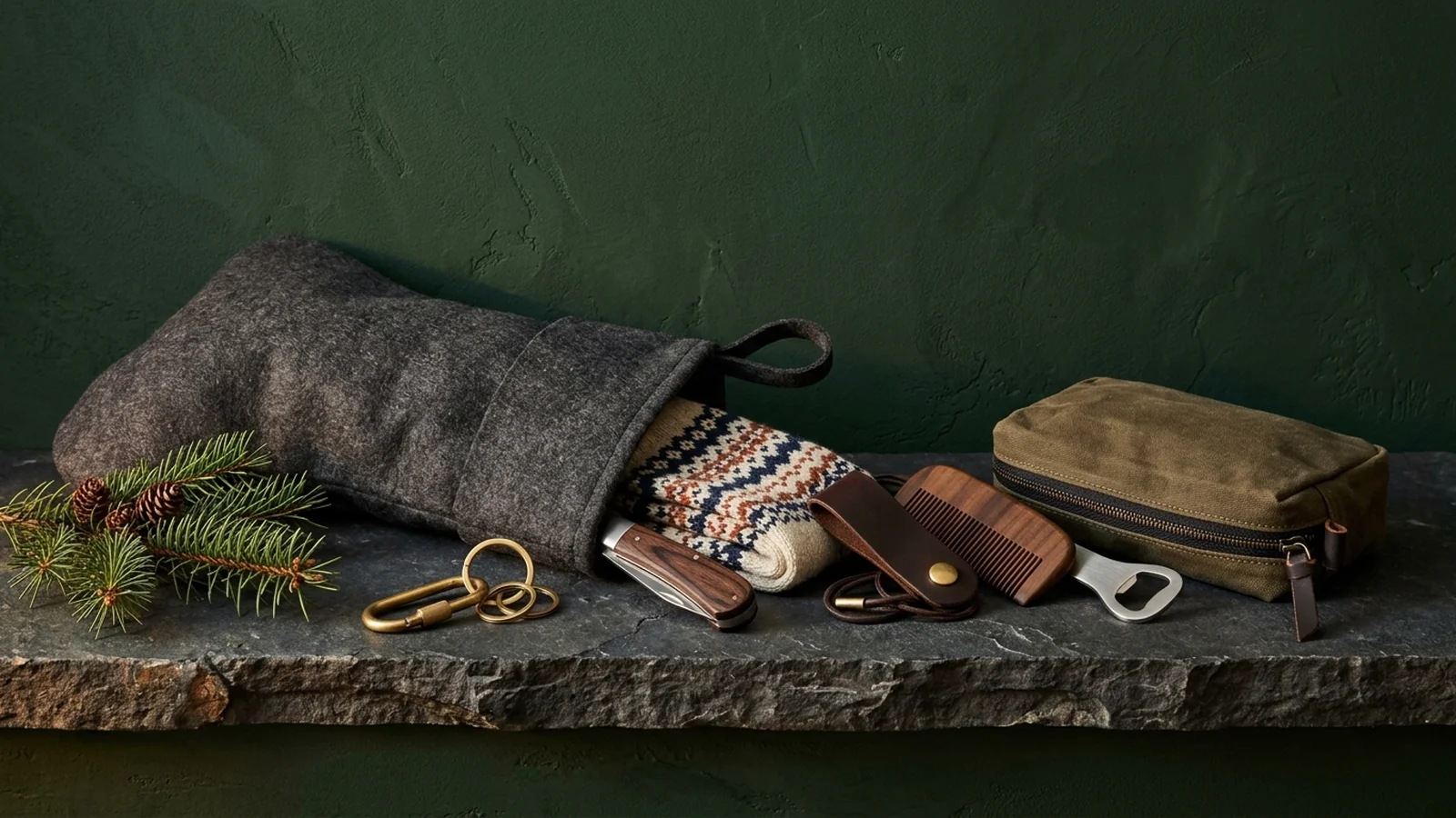 A grey felt stocking on a rough slate ledge against a forest green wall, spilling fair isle wool socks, a wooden-handled pocket knife, a brass carabiner keyring, a leather cord organizer, a wooden comb, a bottle opener and a waxed canvas pouch beside a pine sprig