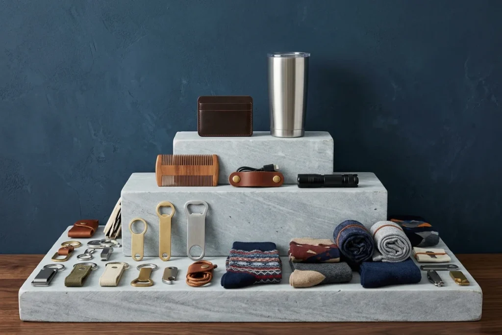 Men's stocking stuffers on three stepped grey marble blocks against a navy wall: keychains, bottle openers and patterned socks on the bottom step, a wooden beard comb, leather cable organizer and flashlight in the middle, and a leather card wallet and steel tumbler on top