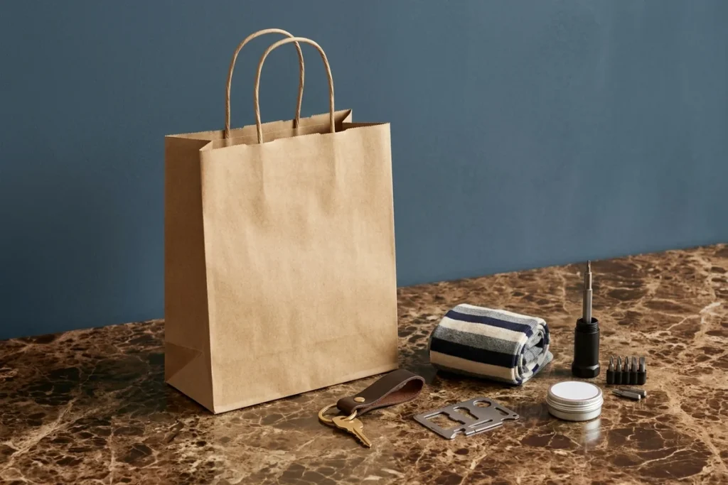 A blank kraft shopping bag on brown marble against a blue wall beside a leather keyring with a key, a wallet multi-tool card, rolled striped socks, a blank tin and a precision screwdriver with bits