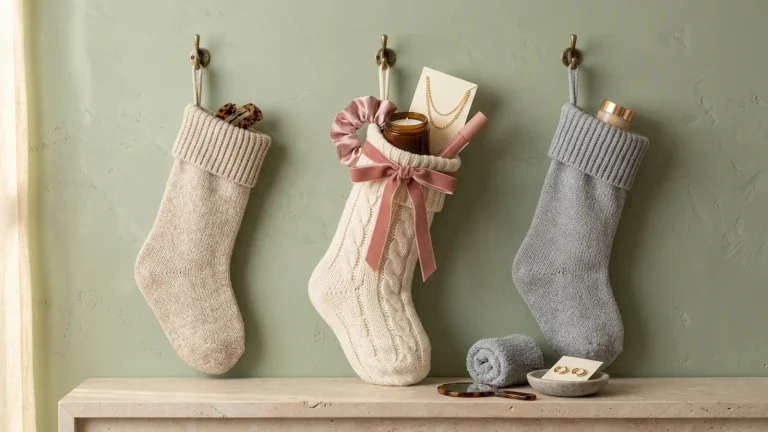Three knit stockings on brass hooks above a travertine mantel against a sage wall, the center cream cable-knit stocking tied with a pink velvet bow and filled with a satin scrunchie, an amber candle, a lip gloss and a gold necklace on a card, beside oatmeal and grey stockings holding a single item each