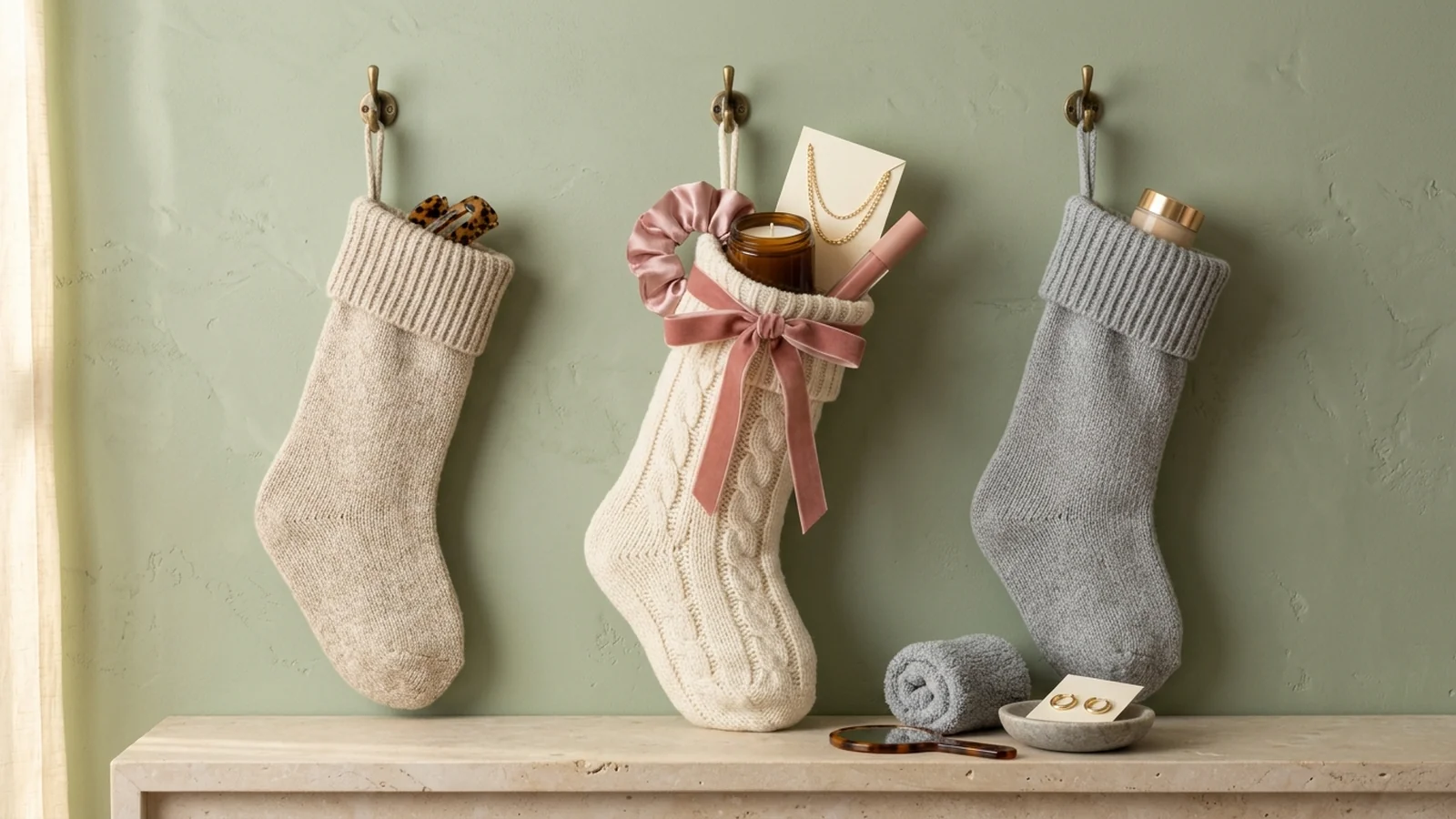 Three knit stockings on brass hooks above a travertine mantel against a sage wall, the center cream cable-knit stocking tied with a pink velvet bow and filled with a satin scrunchie, an amber candle, a lip gloss and a gold necklace on a card, beside oatmeal and grey stockings holding a single item each