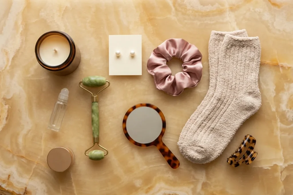 Overhead view of an amber candle, an empty roller bottle, a small jar, a jade facial roller, pearl studs on a card, a pink satin scrunchie, a tortoiseshell hand mirror, fuzzy oatmeal socks and a tortoiseshell claw clip on honey onyx