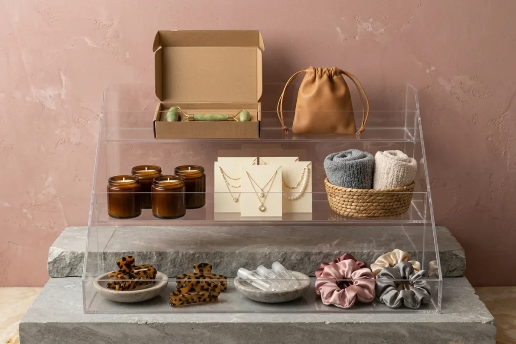A three-tier clear acrylic display on grey limestone against a rose wall: a jade roller in a kraft box and a tan leather pouch on top, amber candles, layered gold necklaces on cards and rolled cozy socks in a basket in the middle, and claw clips, roller bottles and satin scrunchies below