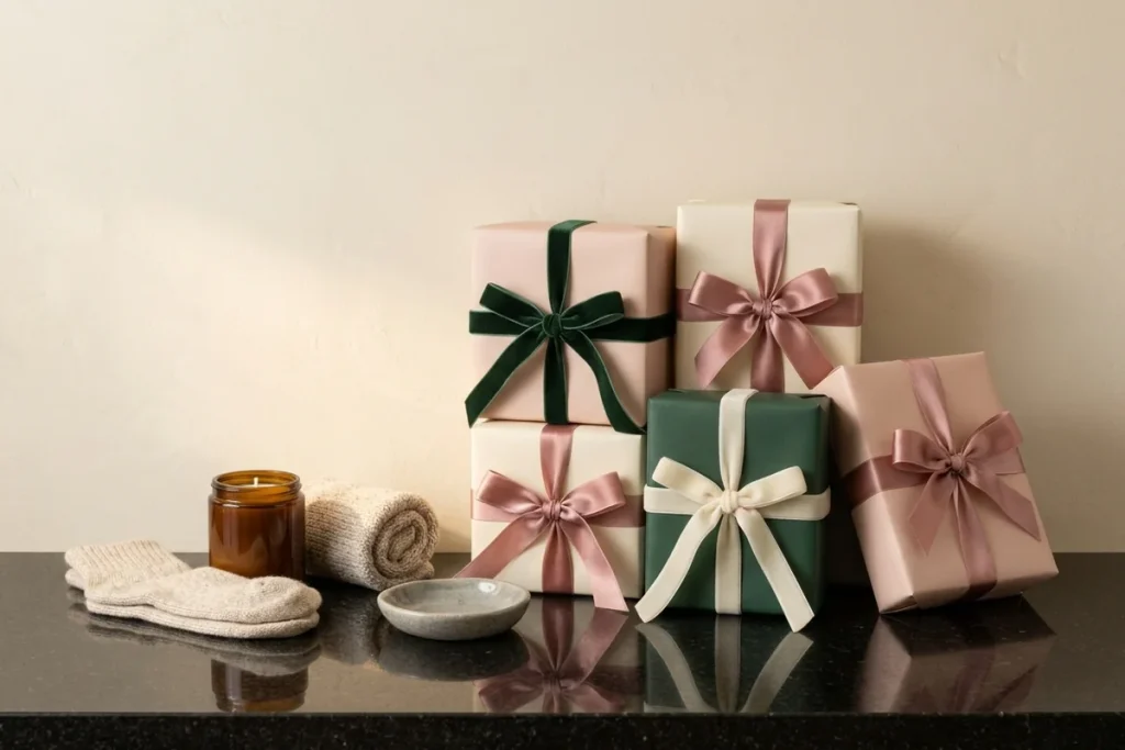 Small gifts wrapped in blush, cream and deep green paper with satin and velvet ribbon bows on black granite, beside an amber candle, fuzzy socks, a rolled knit cloth and a stone trinket dish against a cream wall
