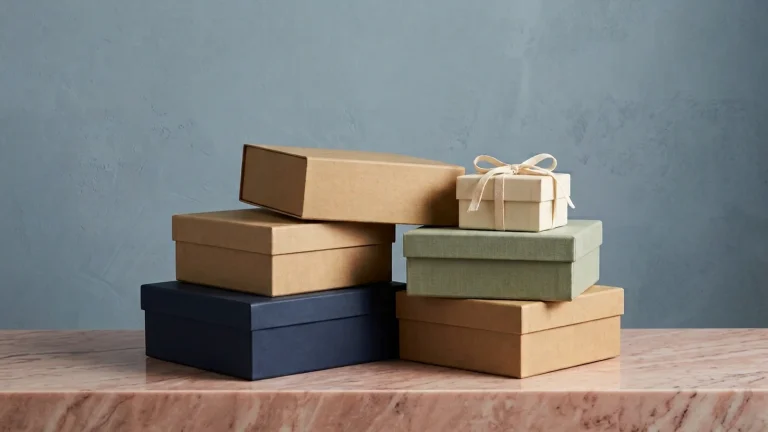 Two loose stacks of blank gift boxes in navy, kraft and sage linen, topped by a small cream box tied with ribbon, on a pink marble ledge against a dusty blue wall
