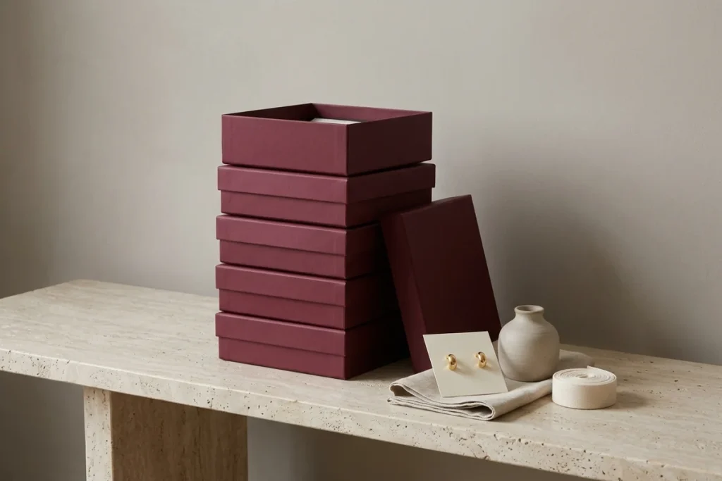 A stack of matte burgundy gift boxes on a travertine bench, the top one open with a lid leaning beside it, next to gold huggie earrings on a card, a folded linen napkin, a stone bud vase and a roll of cotton ribbon