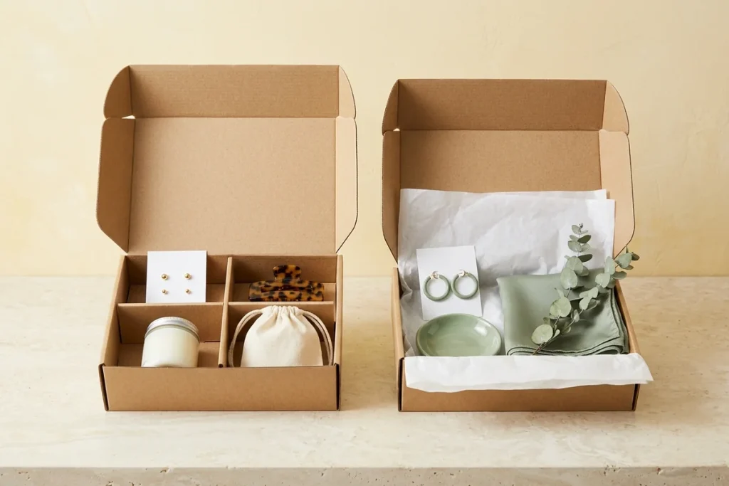Two open kraft mailer boxes on stone against a butter-yellow wall: a divided box with gold studs, a tortoiseshell claw clip, a candle and a cotton pouch, beside a sage-themed box with green hoop earrings, a ceramic dish, a silk scarf and eucalyptus in white tissue