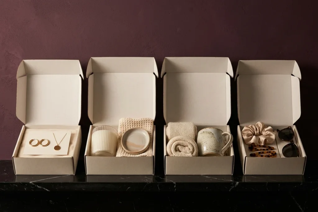 Four open cream mailer boxes on black marble against a plum wall: gold hoops and a pendant on a card, a ribbed candle with a waffle cloth and ceramic dish, rolled knit socks with a speckled mug, and a silk scrunchie with tortoiseshell hair clips and sunglasses