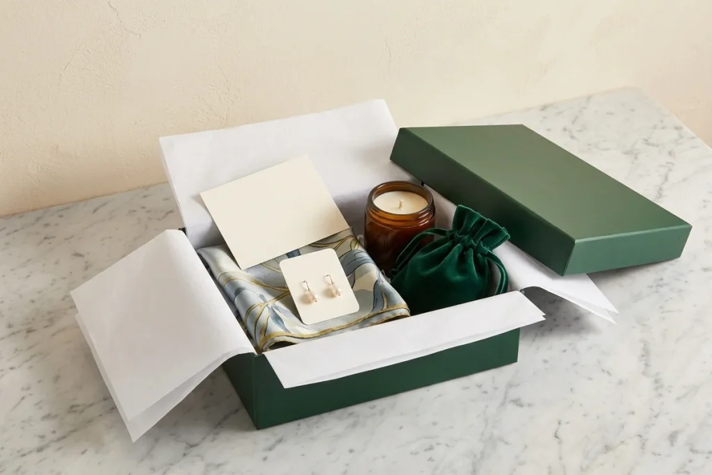 An open deep green gift box on white marble with tissue folded back around a printed silk scarf, pearl drop earrings on a card, a blank note card, an amber glass candle and a green velvet pouch, with the lid beside it