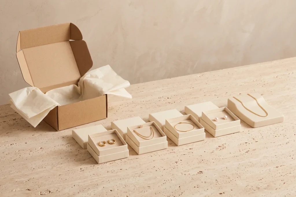 An open kraft shipping carton lined with tissue beside a row of cream jewelry boxes holding gold hoops, a necklace, a bracelet and pearl studs, with a gold chain on a stone display