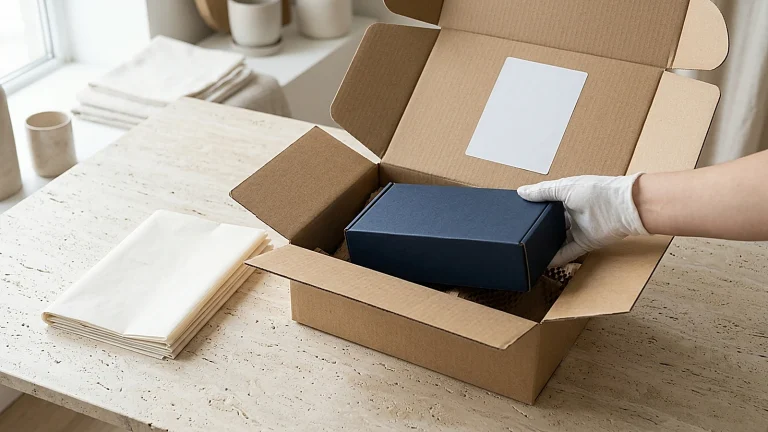A gloved hand placing a branded navy box into an open shipping box with folded blank tissue paper and a blank shipping label