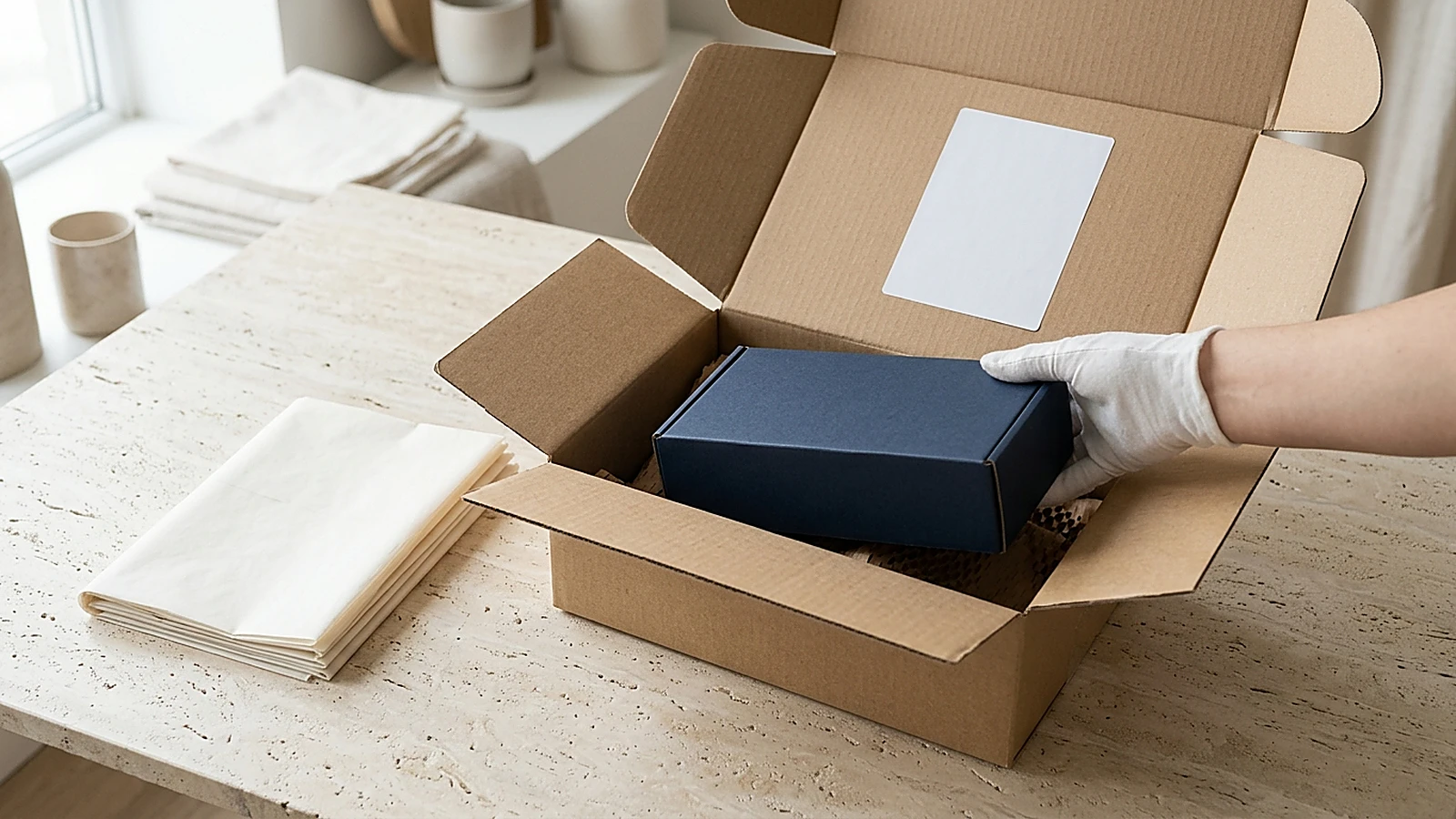 A gloved hand placing a branded navy box into an open shipping box with folded blank tissue paper and a blank shipping label