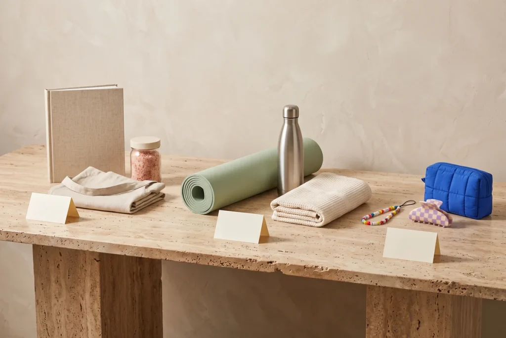 Three gift groupings with blank tent cards on a travertine table: a cookbook, apron and pink salt, a yoga mat and water bottle, and bright accessories