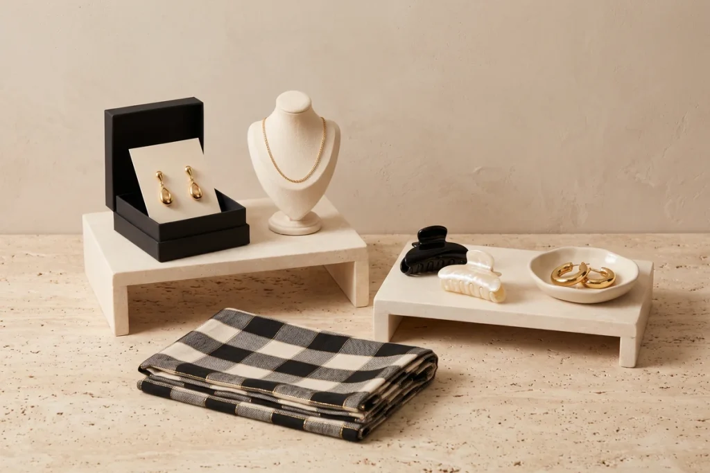 Gold drop earrings in a black gift box, a gold chain on a cream bust, black and pearl claw clips, gold hoops and a black and cream check scarf