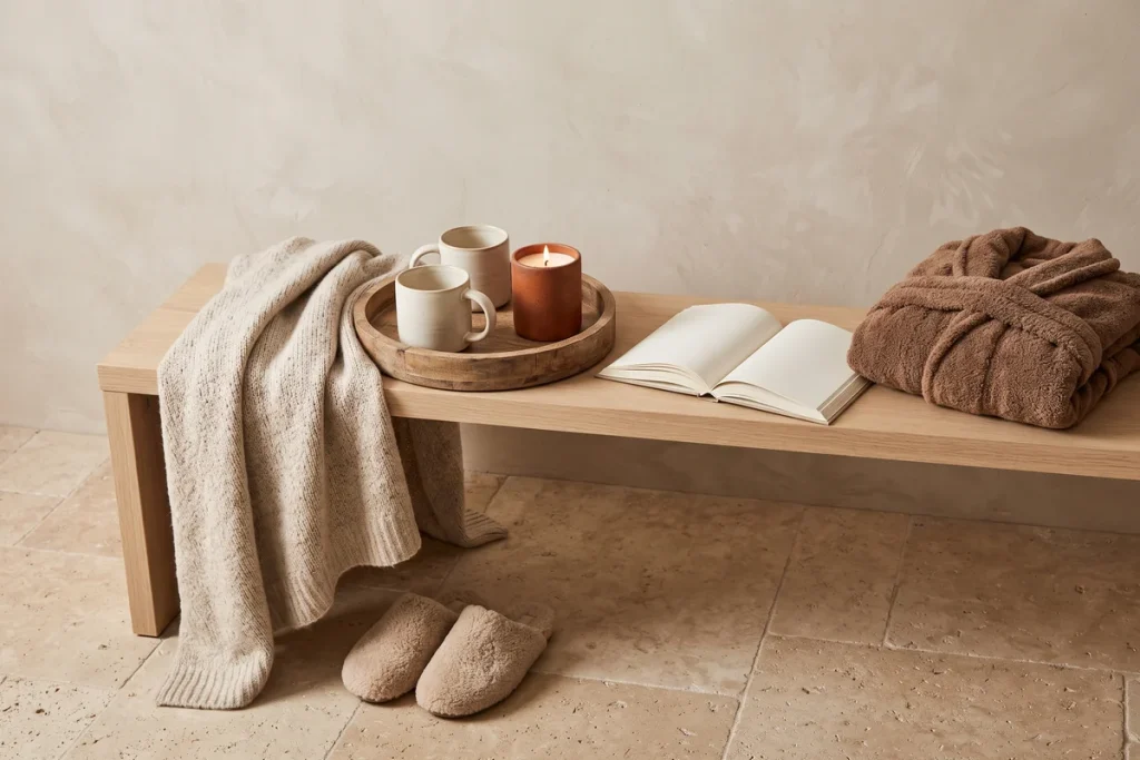 An oatmeal knit throw draped over an oak bench beside a tray of stoneware mugs and a lit candle, an open book, a folded brown robe and slippers below