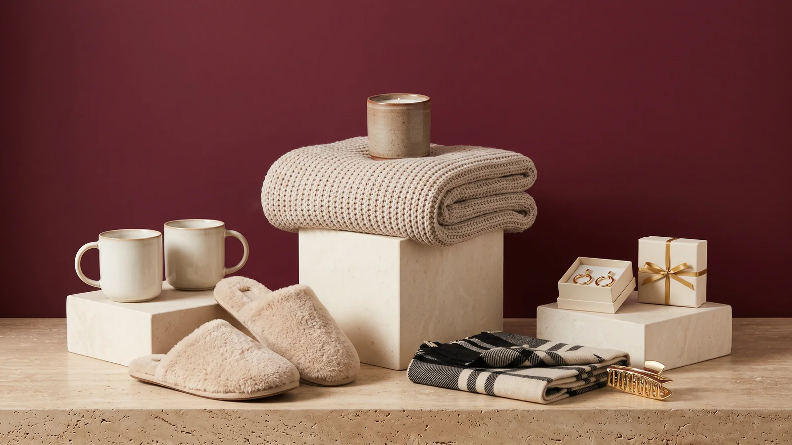 A knit throw and candle on a stone riser with stoneware mugs, fuzzy slippers, a plaid scarf and a wrapped and open earring box against a burgundy wall
