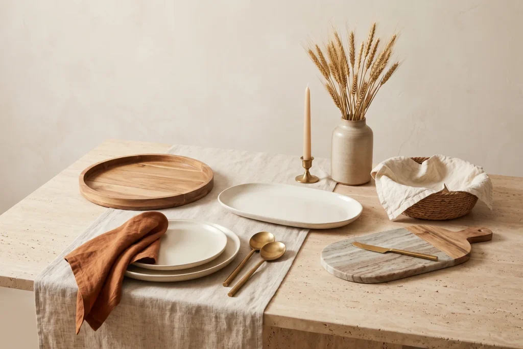 A linen runner set with cream plates, a rust napkin, brass serving spoons, a wooden tray, a marble cheese board, a bread basket, wheat stems and a taper candle