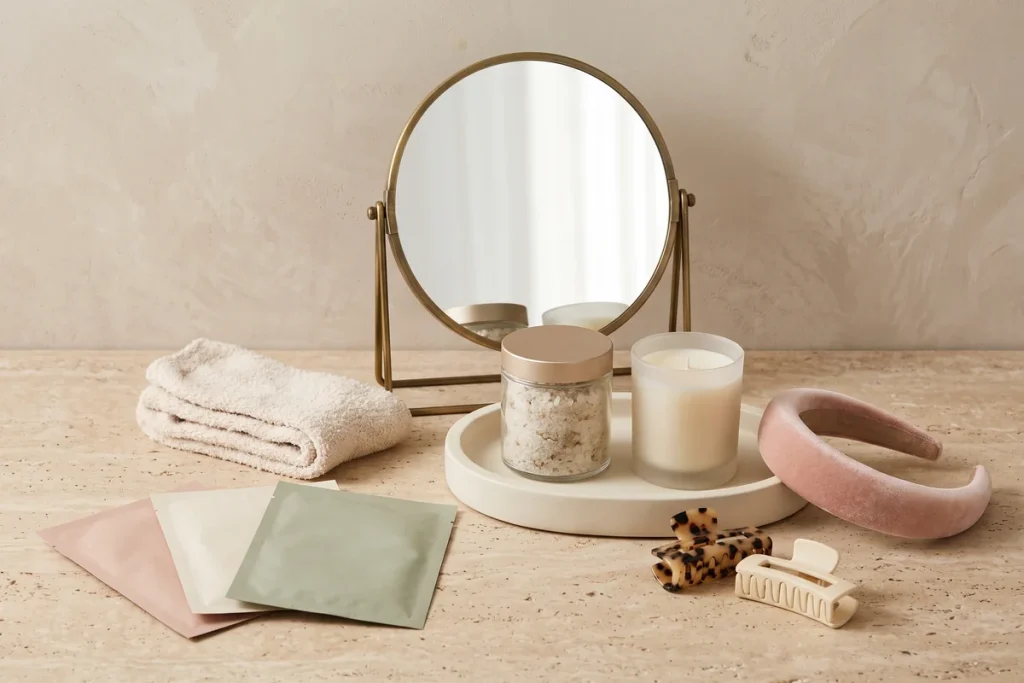 A brass vanity mirror behind a tray of bath salts and a candle, with folded fuzzy socks, blank face mask sachets, two claw clips and a pink velvet headband