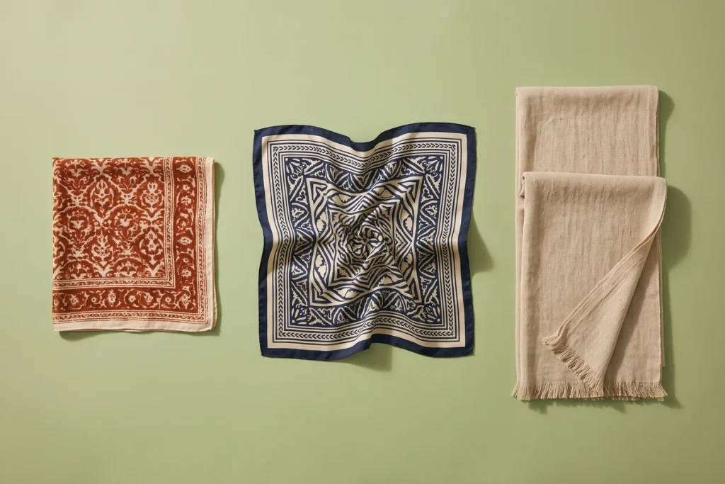 Three outfit flat lays on a denim blue surface: jeans and a white tee with a looped knit scarf, a camel blazer with a knotted neck scarf, and a black slip dress with a printed silk scarf