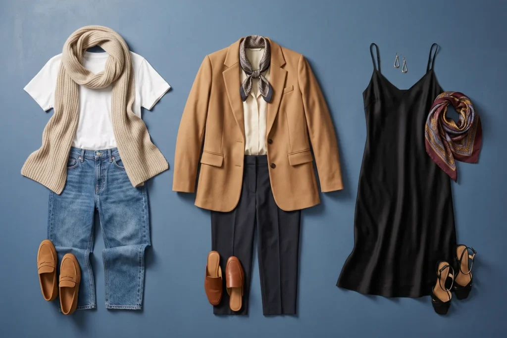A rust print square scarf, a navy and cream printed square scarf and a long oatmeal scarf laid flat on a pistachio surface