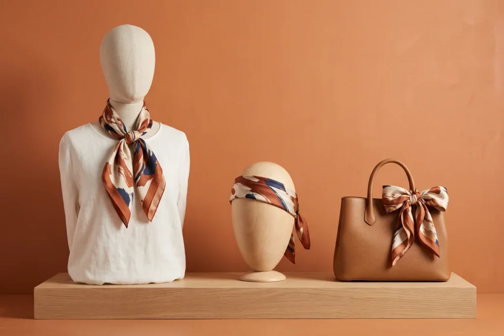 The same printed scarf tied at the neck of a dress form, as a band around a wooden head stand and as a bow on a tan handbag, against a tangerine wall