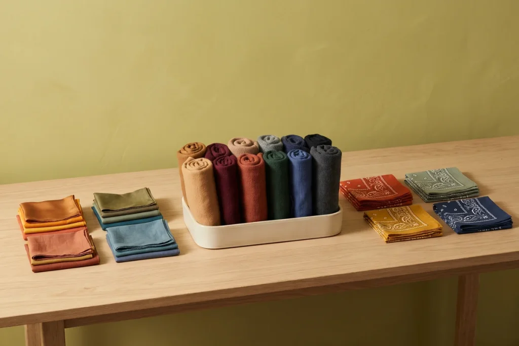 Folded square scarves, rolled long scarves in a cream tray and stacks of printed bandanas arranged by color on an oak table against a chartreuse olive wall