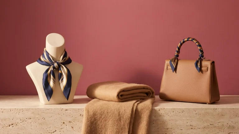 A navy and cream silk-style scarf knotted on a cream bust, a folded camel throw and a tan handbag with a scarf-wrapped handle on a stone ledge against a deep rose wall
