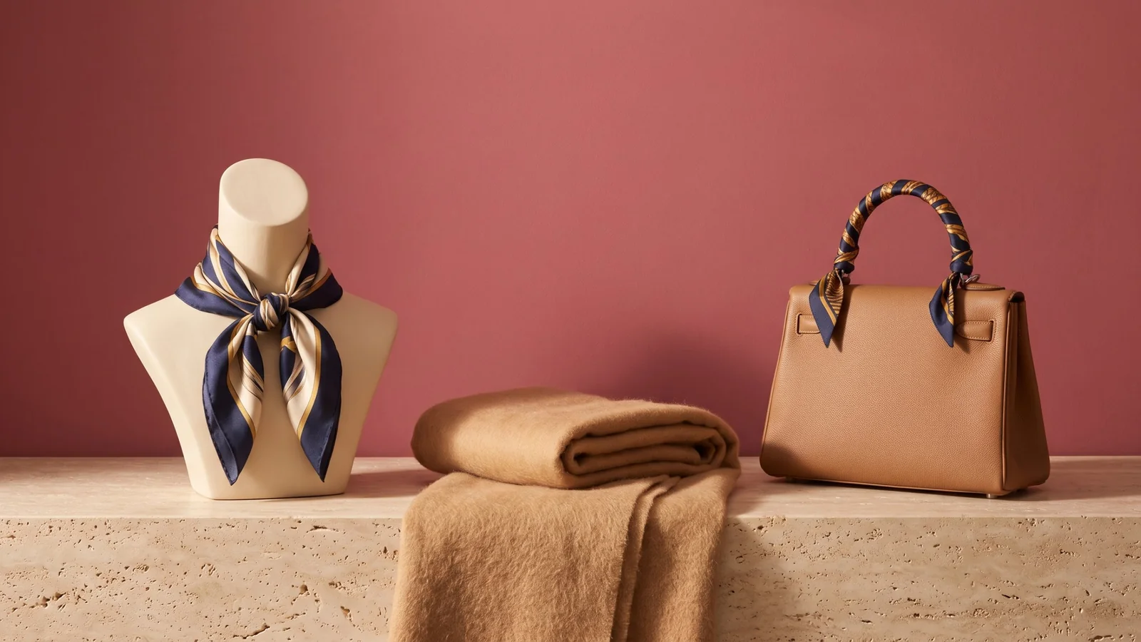 A navy and cream silk-style scarf knotted on a cream bust, a folded camel throw and a tan handbag with a scarf-wrapped handle on a stone ledge against a deep rose wall