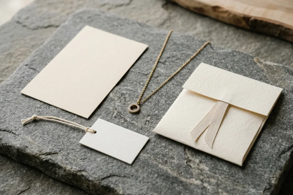 A blank branded card, tag, and ribbon-tied envelope styled beside a gold pendant necklace