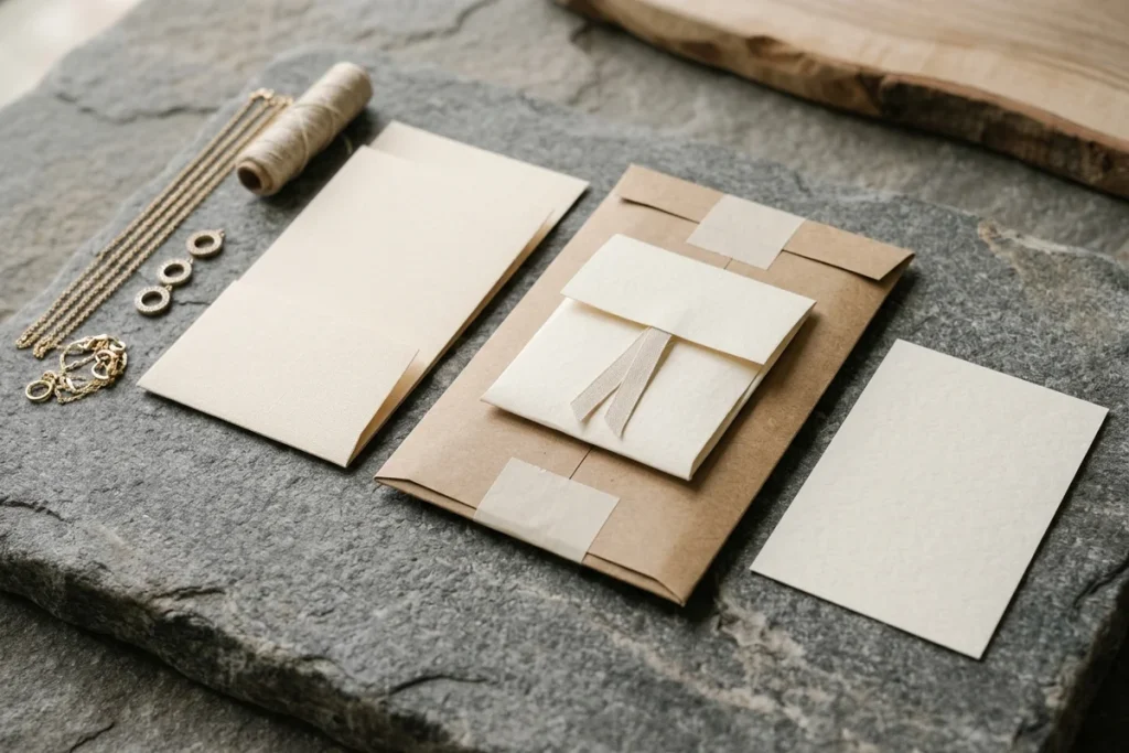 Gold necklaces, a spool of twine, blank cards, and a ribbon-tied kraft envelope styled together on stone