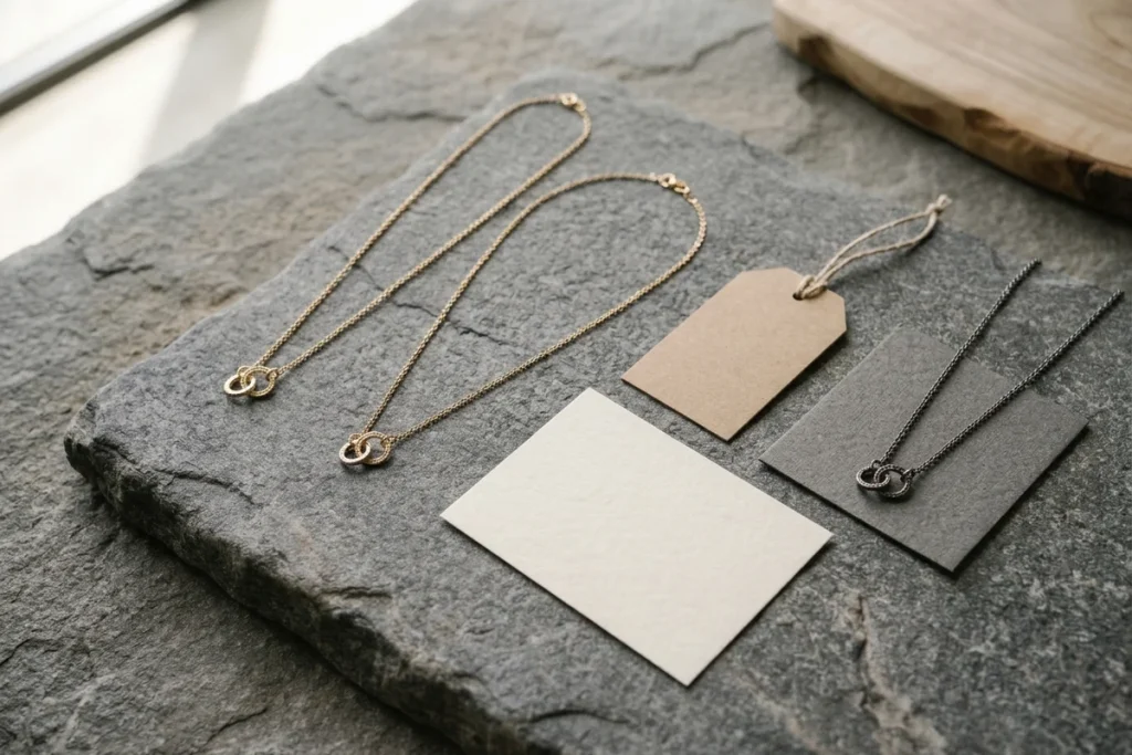 Two necklaces in different finishes styled with blank tags and cards on stone