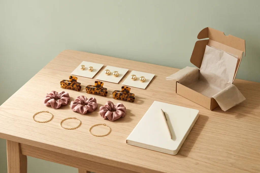 A small test order of gold earrings, claw clips, rose scrunchies and gold bracelets laid out in rows of three on an oak table beside a notebook and empty shipping box