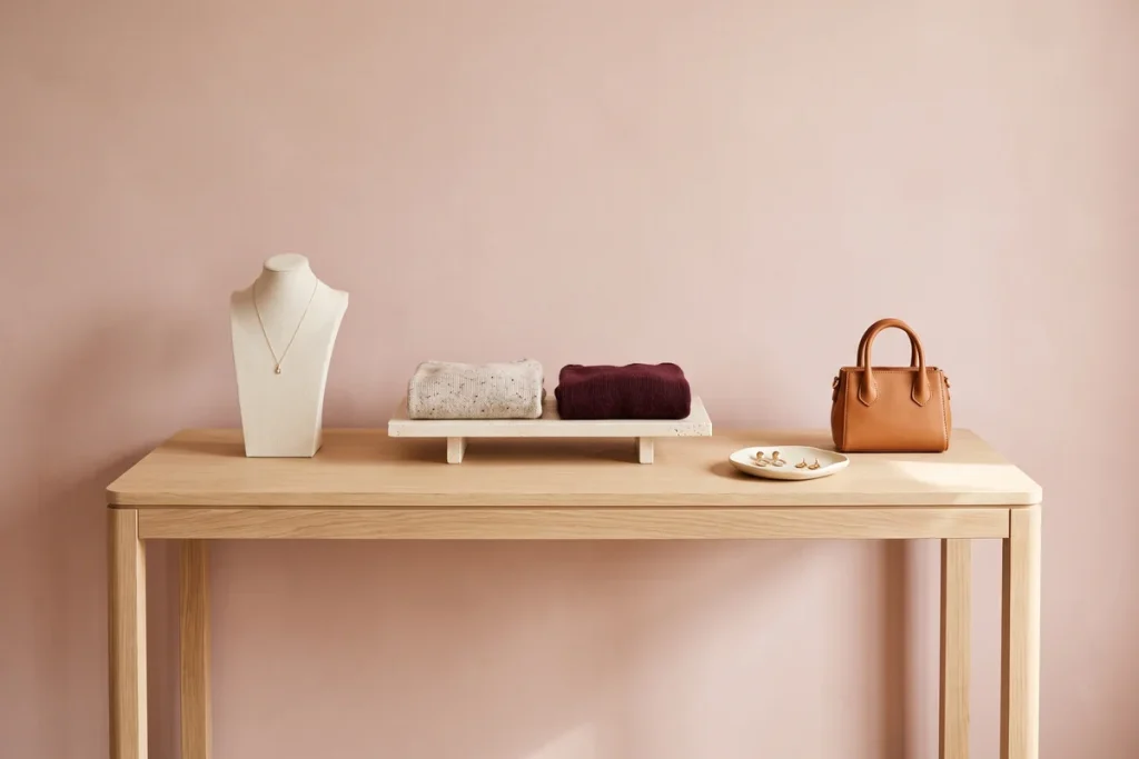 A sparse oak display table with a pendant necklace on a bust, two folded knits on a stone riser, a dish of gold earrings and a tan mini handbag against a dusty rose wall