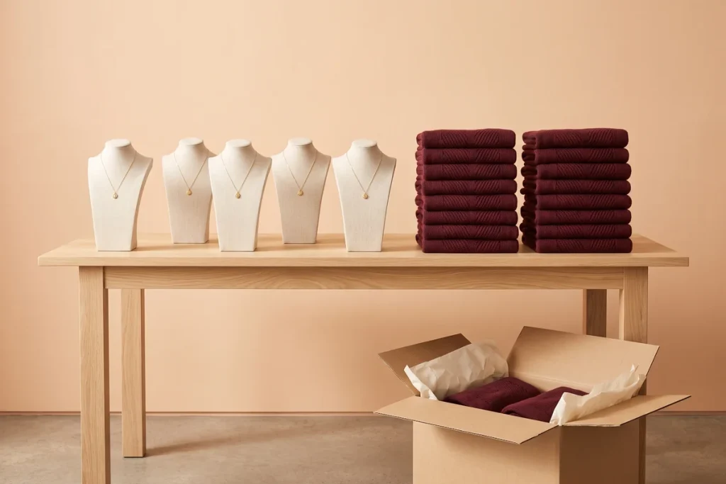 An oak display table restocked with five matching gold pendant necklaces on busts and stacks of burgundy knits, with an open carton of knits in front against an apricot wall