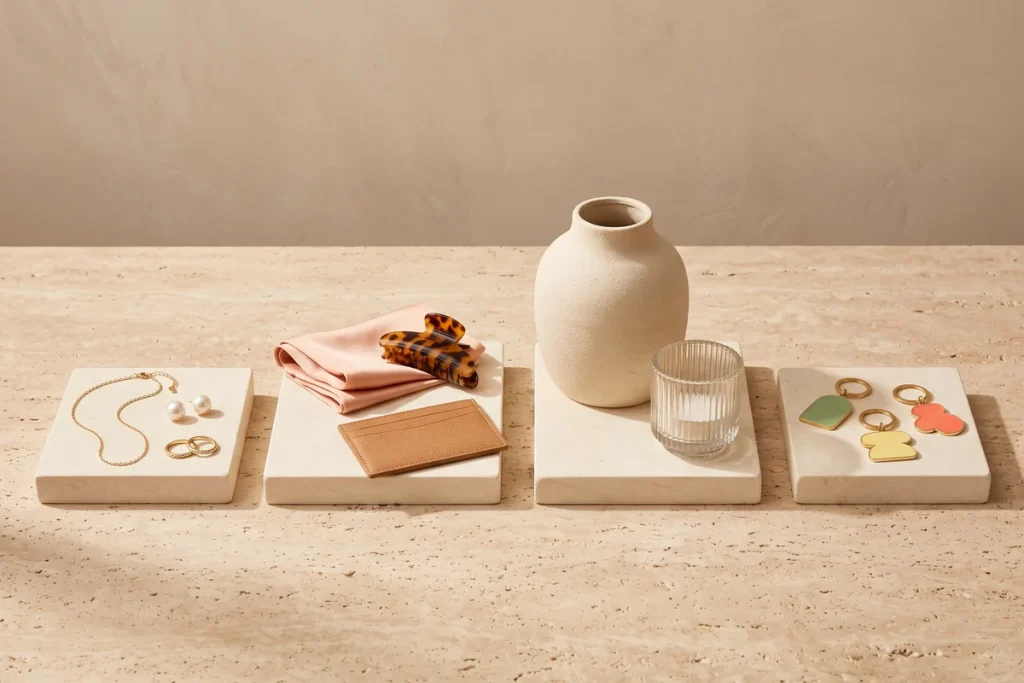 Four product groups on stone slabs: a gold chain with pearl studs and rings, a blush scarf with a tortoiseshell claw clip and tan card holder, a ceramic vase with a ribbed glass holder, and three enamel keychains