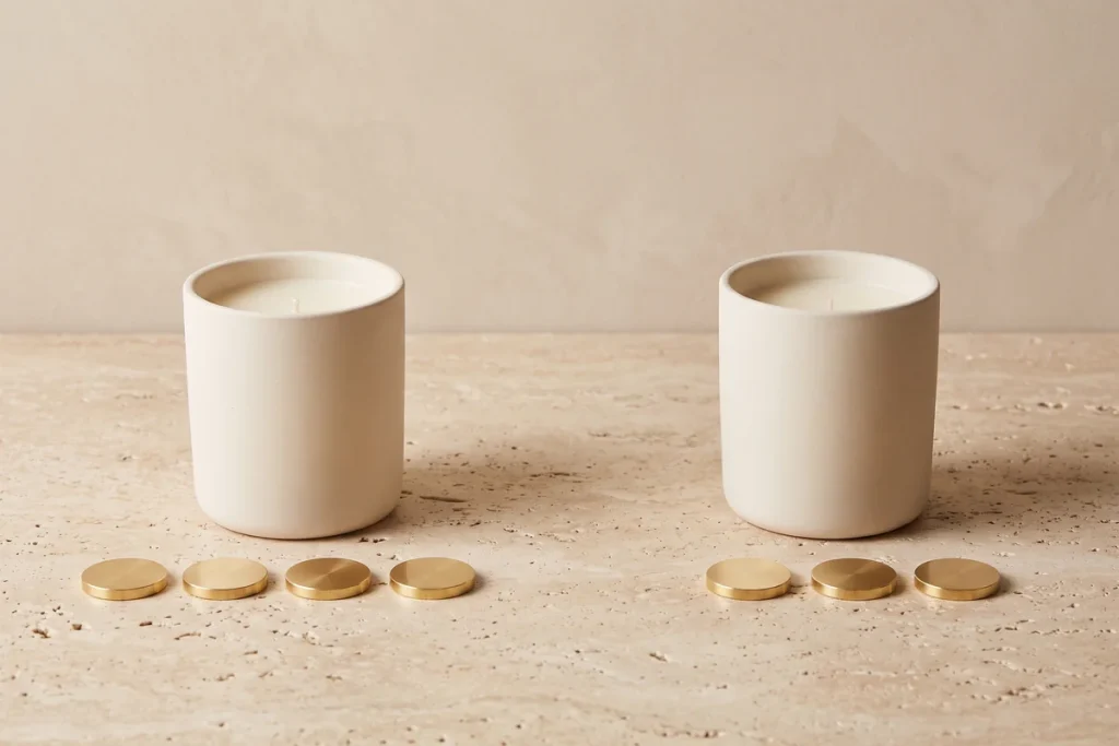 Two identical cream candles in matte ceramic vessels on travertine, one with four plain brass discs lined up in front of it and the other with three