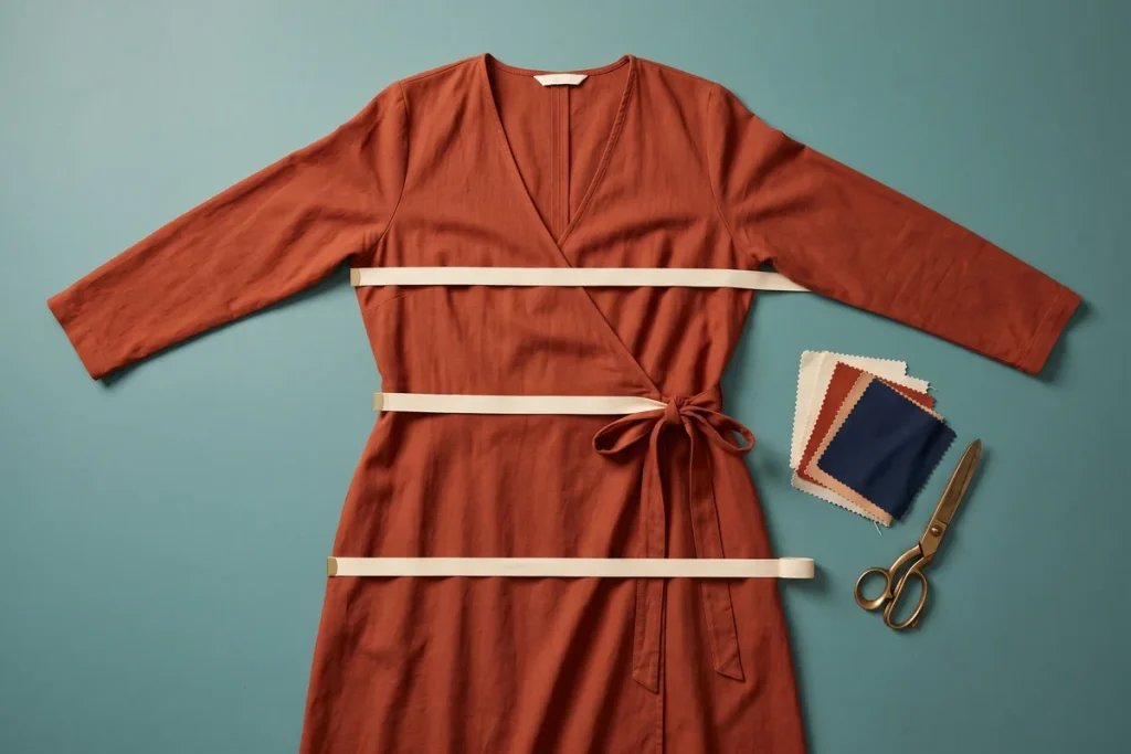 A rust wrap dress laid flat with cream bands marking the bust, waist and hip, beside fabric swatches and brass scissors on a teal surface