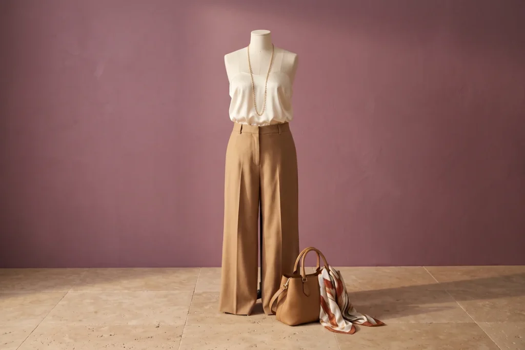 A dress form styled in a cream silk top, camel wide-leg trousers and a long gold chain, with a tan handbag and printed silk scarf at its base against a plum wall