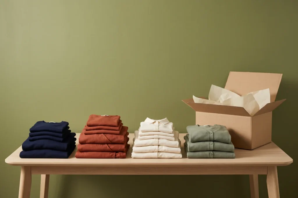 Folded stacks of navy tops, rust dresses, cream shirts and sage cardigans in a run of sizes beside an open kraft box against an olive wall
