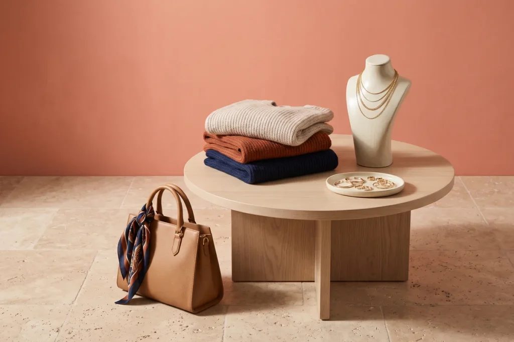 A round oak table with folded knits in oatmeal, rust and navy, layered gold necklaces on a bust and a dish of gold hoops, beside a tan handbag with a silk scarf against a coral wall