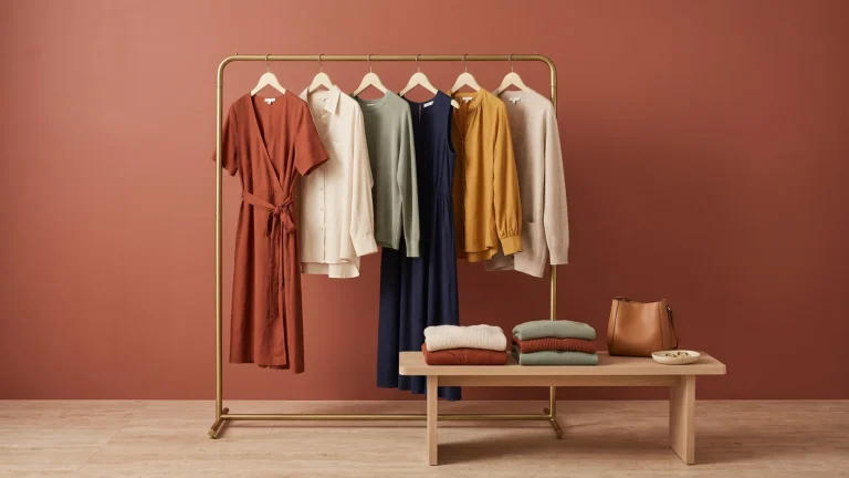A brass rail of dresses, blouses and a cardigan in rust, cream, sage, navy and mustard beside folded knits, a tan handbag and gold hoops against a terracotta wall