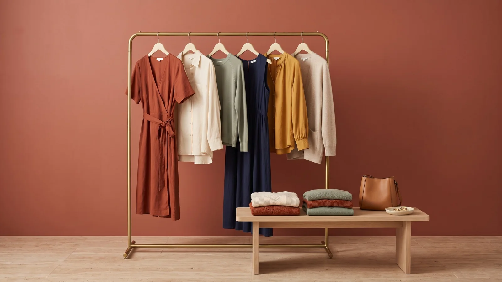 A brass rail of dresses, blouses and a cardigan in rust, cream, sage, navy and mustard beside folded knits, a tan handbag and gold hoops against a terracotta wall
