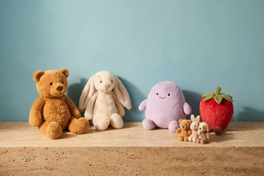A teddy bear, a cream bunny, a round lavender character plush, three mini plush and a strawberry plush lined up on stone against a sky teal wall